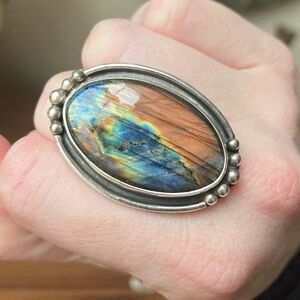 🌹 Vintage HUGE Rare Artisan “Flash” Labradorite Sterling Silver Oval Ring sz 7.5